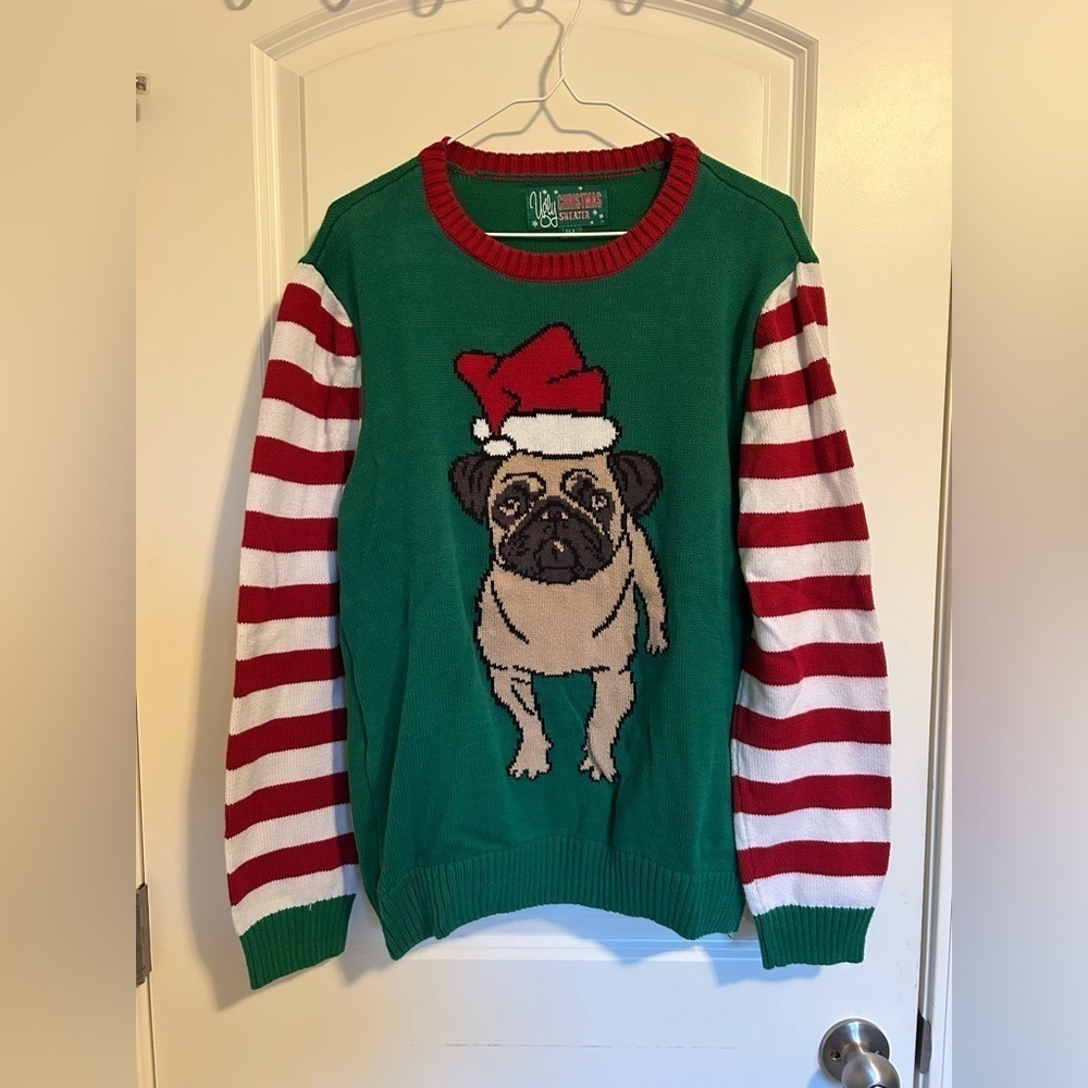 Ugly Christmas Sweater Green Pug with Red and White Stripes